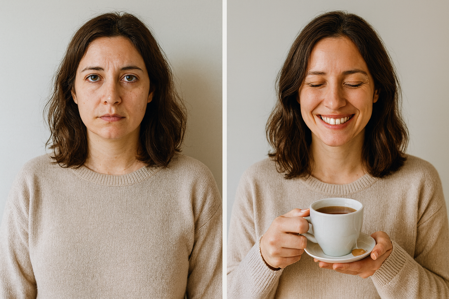 Pessoa segura uma xícara de chá sorrindo, representando bem-estar